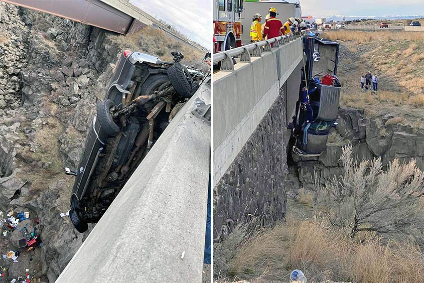 Пикап с автодомом на прицепе едва не свалился с моста в каменное ущелье