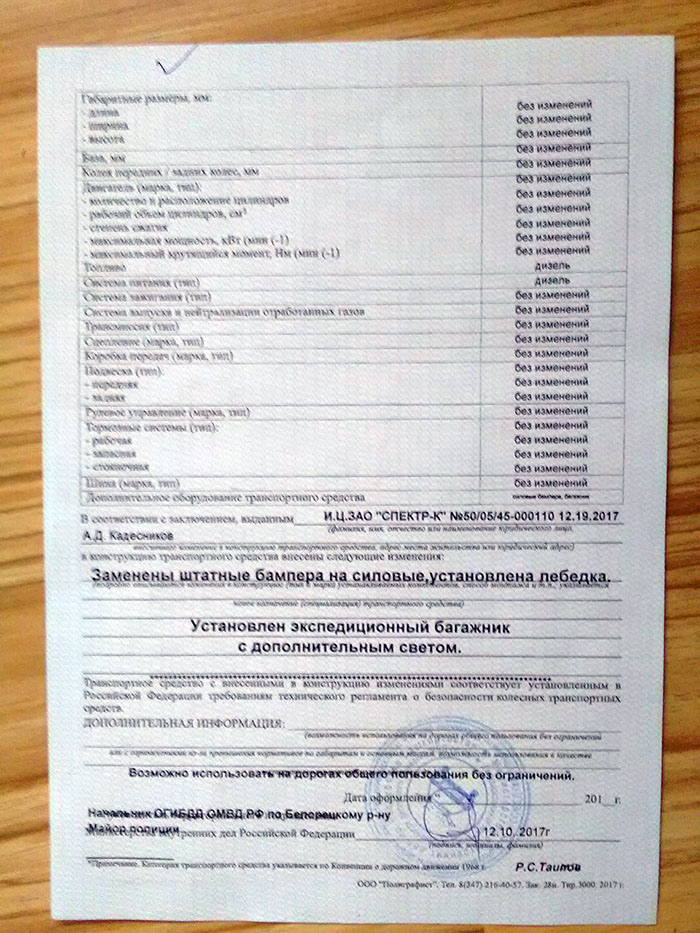 Регистрация тюнинга на Соболе 4х4